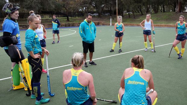 Solid start: Hockeyroos coach Paul Gaudoin (centre) during a training session in Perth ahead of the Four Nations tournament.