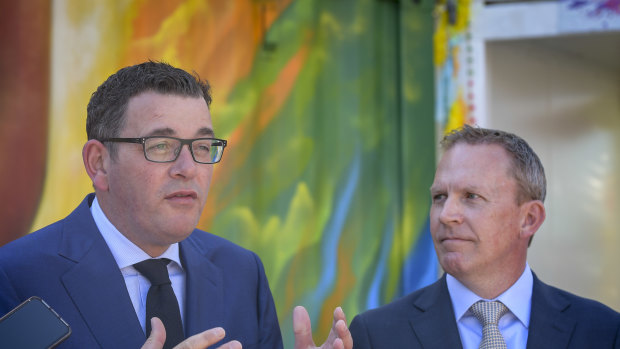 Premier Daniel Andrews, with Cricket Australia chief executive Kevin Roberts, speaking to reporters. 