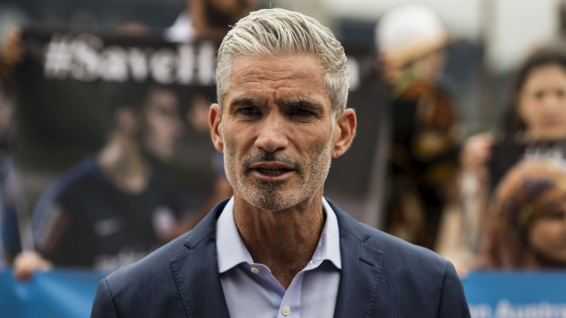 Support: Former Socceroos player Craig Foster at a rally in support of refugee footballer Hakeem AlAraibi who is being held in jail in Thailand.