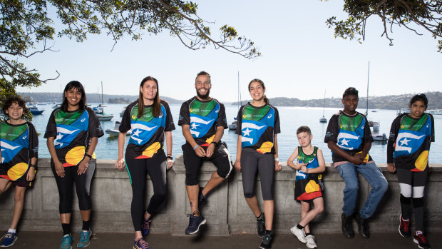 Noah Carson, Phoebe Grainer, Gabe Carson, TJ Cora, Brooke Carson, Lachlan Carson, Colin Chong, and Delores Williams in Rose Bay, Sydney. They have travelled to Sydney to either compete or cheer at the Sun Herald City2Surf, presented by Westpac.