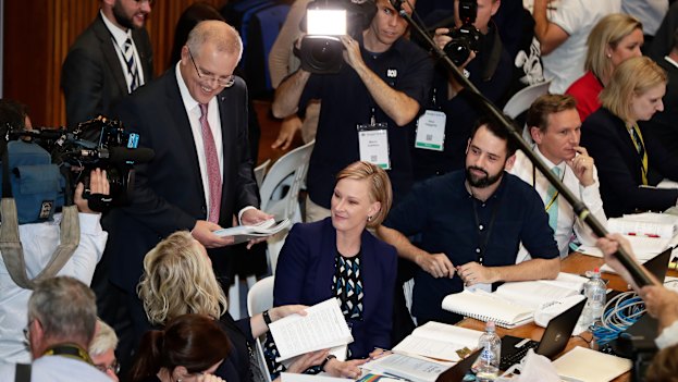 The then treasurer Scott Morrison with the ABC’s Laura Tingle (left) and Leigh Sales during the 2018 Budget lock-up.
