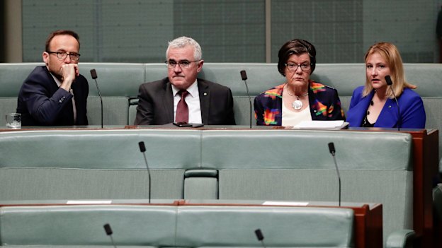 Furious crossbench MPs Adam Bandt, Andrew Wilkie, Cathy McGowan and Rebekha Sharkie vote against closing down the House of Representatives. 