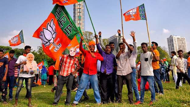 Supporters of Modi's BJP at a rally of 150,000 people in Kolkata in April.