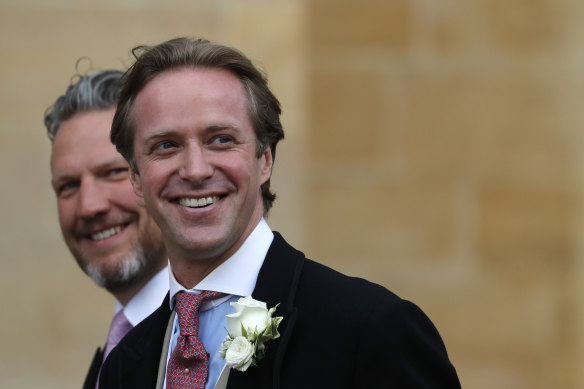 Thomas Kingston, right, arrives for his wedding to Lady Gabriella Windsor at St George’s Chapel, Windsor Castle, near London in 2019.