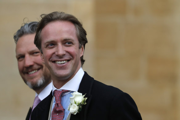 Thomas Kingston, right, arrives for his wedding to Lady Gabriella Windsor at St. George's Chapel, Windsor Castle, near London in 2019.