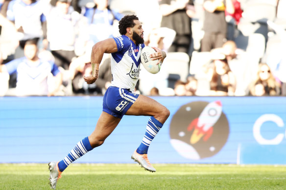 Josh Addo-Carr sprints away for one of his three tries on Sunday - but he won’t be running back to the club where he made his name.