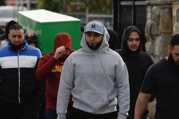 Ibrahem Hamze, in grey hoodie, at the funeral of his brother Bilal, who was shot dead in Sydney’s CBD.