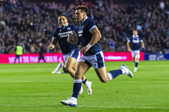 Scotland centre Huw Jones runs in a try against Fiji earlier in the month. 