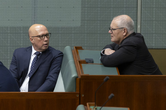 Opposition Leader Peter Dutton and former prime minister Scott Morrison in parliament.