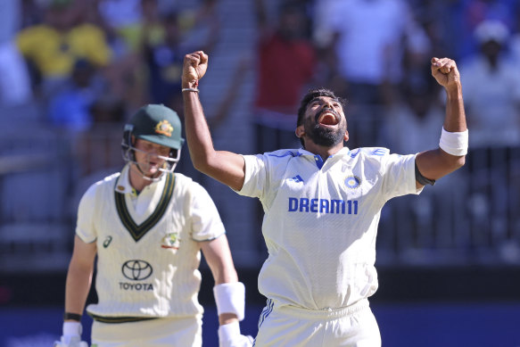 Jasprit Bumrah takes the prized wicket of Steve Smith. 