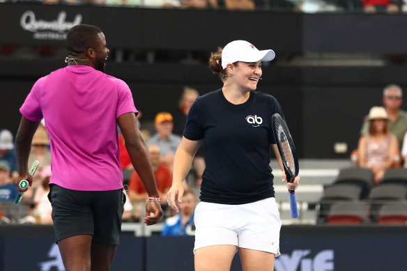 Ash Barty and Frances Tiafoe in an exhibition match at the Brisbane International.