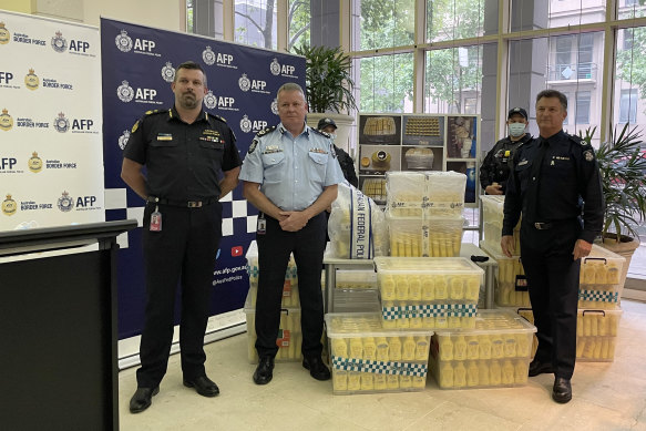 Australian Border Force Assistant Commissioner Phil Brezzo, Australian Federal Police Assistant Commissioner Bruce Giles and Victoria Police Assistant Commissioner Bob Hill. 