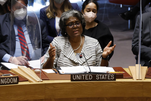 US ambassador Linda Thomas-Greenfield addresses a meeting of the United Nations Security Council.