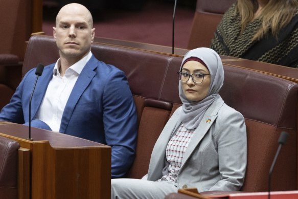 Fatima Payman, pictured with independent David Pocock, said she was proud she stood by her convictions, although she was bitterly disappointed her Labor colleagues had not joined her.