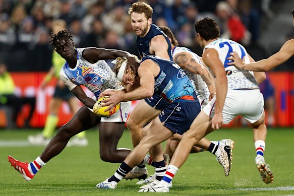 Although the jumpers were striking in appearance, it was difficult for some followers to identify which team was which on Thursday night when Geelong played the Western Bulldogs.