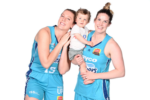 Southside Flyers guard Steph Blicavs, right, pictured with her son Arlo and sister-in-law and teammate Sara Blicavs.