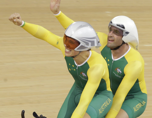 Scott McPee and Kieran Modra after winning gold in the Men's Individual B Pursuit at the 2012 Paralympics Games in London.