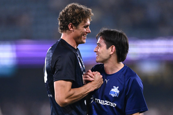 Charlie Curnow and Zac Fisher meet pre-game.