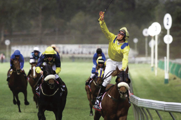 Damien Oliver salutes after winning the Melbourne Cup on Media Puzzle in 2002.