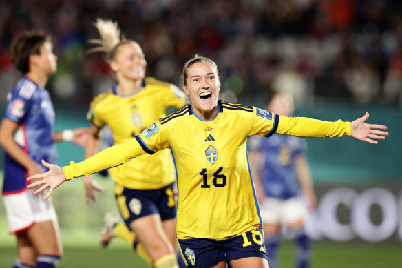 Sweden’s Filippa Angeldahl celebrates a goal.