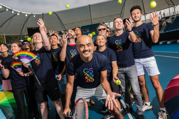 Join us: Organiser Rowen D'Souza (centre) at Melbourne Park Show Court 3 with Glam Slam entrants. 