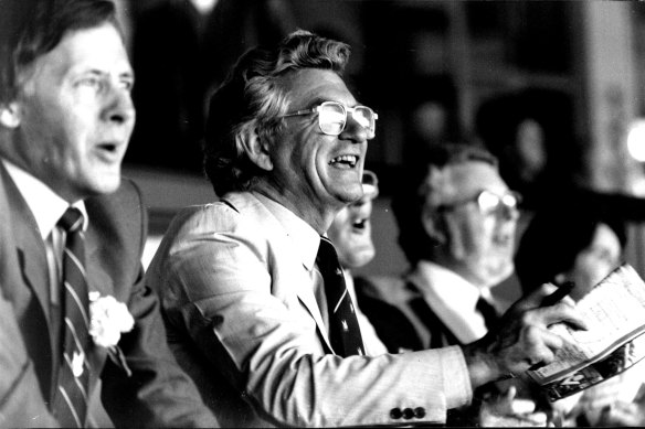 Bob Hawke watches the Swans defeat Melbourne in 1982.