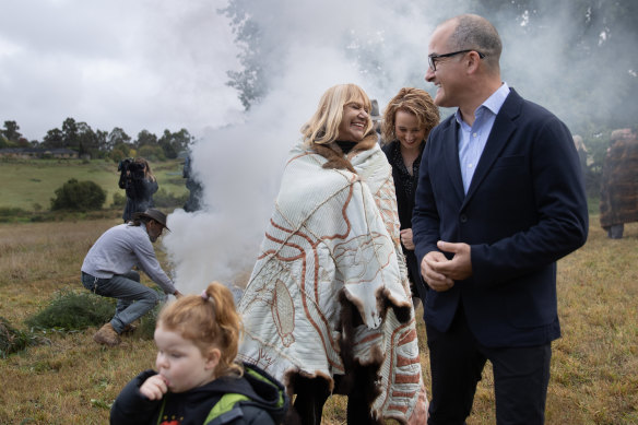First Peoples’ Assembly co-chair Geraldine Atkinson, Minister for Aboriginal Affairs Gabrielle Williams and acting Premier James Merlino at the launch of the Yoo-rrook Justice Commission at Coranderrk on Tuesday.