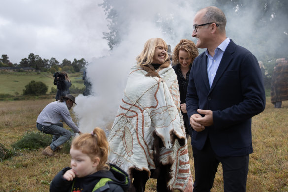 First Peoples’ Assembly co-chair Geraldine Atkinson, Ms Williams and acting Premier James Merlino at the launch of the Yoo-rrook Justice Commission at Coranderrk, near Healesville on March 9.