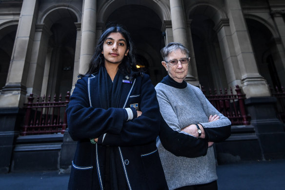 Anjali Sharma in 2021 with her litigation guardian Sister Brigid Arthur, who assisted the students in court because they were under 18 at the time.