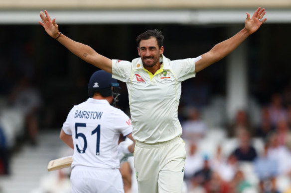 Third time’s a charm: Starc sends Bairstow on his way.