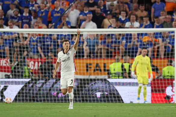 Ajdin Hrustic celebrates his successful penalty during the shootout win over Rangers.