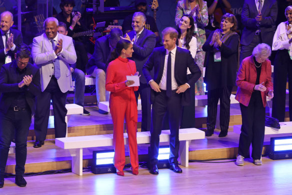 Back in the UK: Meghan and Prince Harry during the Opening Ceremony of the One Young World Summit.