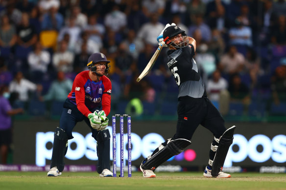 Daryl Mitchell of New Zealand plays a shot during his team’s win over England.