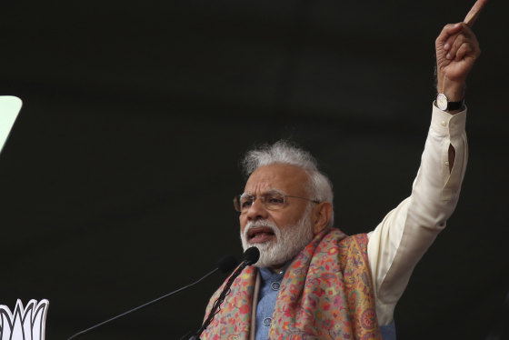 Indian Prime Minister Narendra Modi addresses a rally of his Hindu nationalist party in New Delhi on Sunday.
