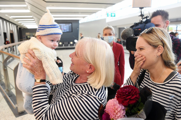 Grandmother Janet Callaghan meets grandson three-month-old Finn for the first time along with Janet’s daughter Jo Mangos.