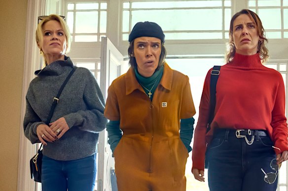 Sinéad Keenan as Robyn Winters, Caoilfhionn Dunne as Dara Friel and Roisin Gallagher as Saoirse Shaw in How to Get to Heaven from Belfast.