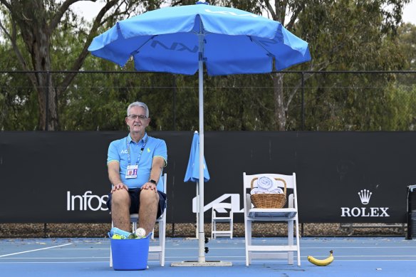 John Glasson has worked casually at the Australian Open for 51 years, helping out at the practice desk. This summer he is supervising pratice at the Scotch College Courts. 