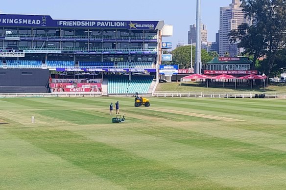 Andrew McDonald and George Bailey inspecting the pitch at Kingsmead on Tuesday.