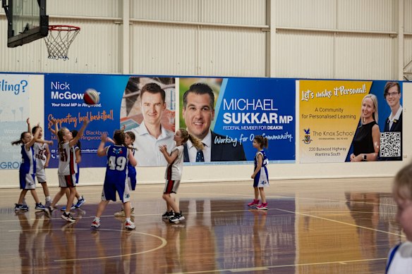 Local politicians’ signs on the walls of one of Nunawading Stadium’s oldest courts.