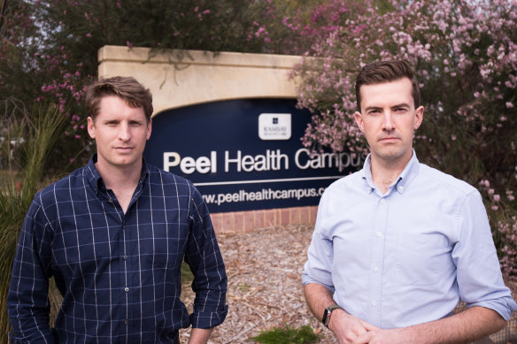 Canning MP Andrew Hastie and state Dawesville MP Zak Kirkup outside Peel Health Campus.