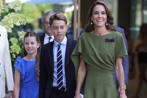 Catherine, Princess of Wales, Prince George and Princess Charlotte make their way to Center Court for the Gentlemen’s Singles final match between Jannik Sinner of Italy and Alexander Zverev of Germany on day fourteen of The Championships Wimbledon 2026 at All England Lawn Tennis and Croquet Club on July 12, 2026 in London, England.