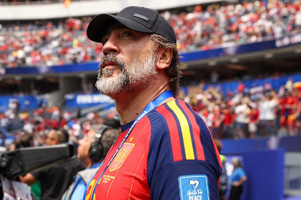 Javier Bardem attends the FIFA World Cup 2026 Quarter Final match between Spain and Belgium at Los Angeles Stadium on July 10, 2026 in Inglewood, California.