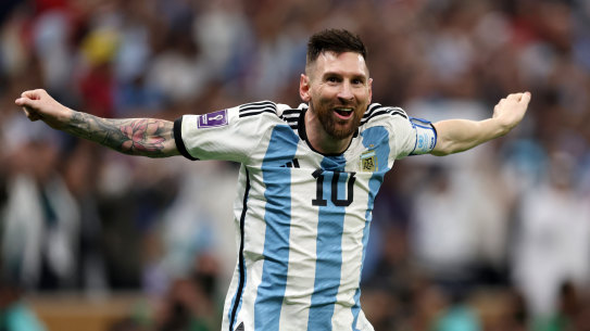 Lionel Messi of Argentina celebrates after scoring the team’s third goal.
