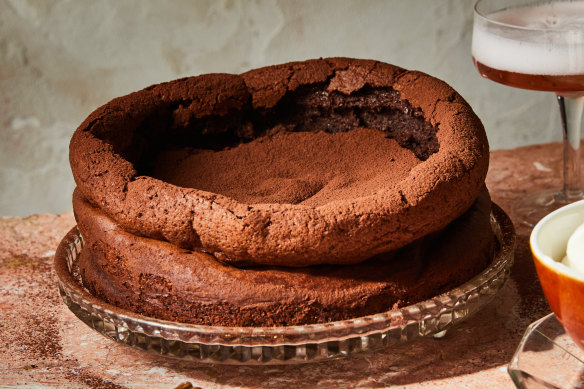 The beauty of this flourless chocolate souffle cake is its crisp, crackled, meringue-like top.