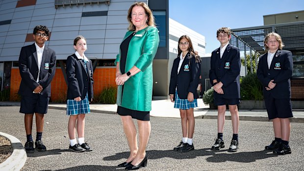 St Francis Catholic College principal Marlene Jorgensen and year 7 students.
