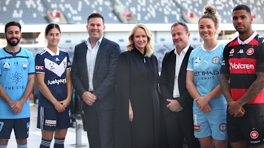 Sydney FC player Michael Zullo, Melbourne Victory’s Kyra Cooney-Cross, Ten Network’s Jarrod Villani and Beverley McGarvey, Sydney FC CEO Danny Townsend, Melbourne City’s Jenna  McCormick, and Western Sydney Wanderer Kwame Yeboah at Bankwest Stadium on Wednesday.
