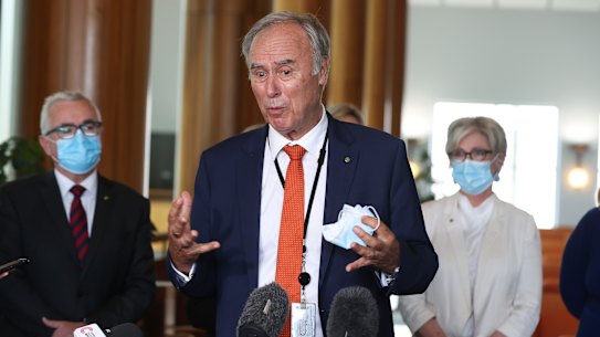 Liberal MP John Alexander during a press conference at Parliament House in Canberra on  Thursday 17 February 2022. fedpol Photo: Alex Ellinghausen