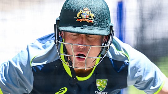Down for the count? Marnus Labuschagne cops one amidships.
