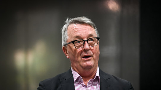 The Acting Premier, James Merlino, Minister for Health, Martin Foley and Chief Health Officer, Brett Sutton holds  a press conference on COVID-19 restrictions easing. 23 March 2021. The Age News. Photo: Eddie Jim.