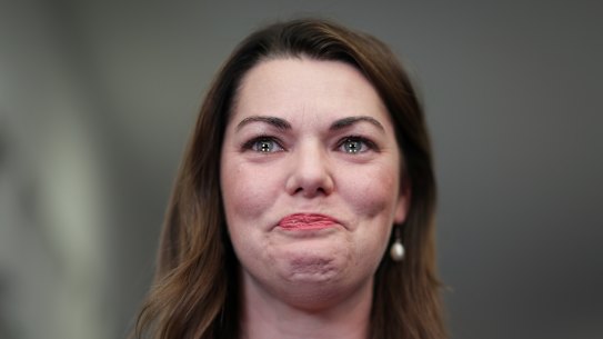 Senator Sarah Hanson-Young sheds tears addressing the media after winning her defamation case.